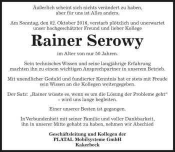 Traueranzeige von Rainer Serowy  von Magdeburger Volksstimme