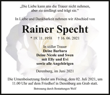 Traueranzeige von Rainer Specht  von Magdeburger Volksstimme