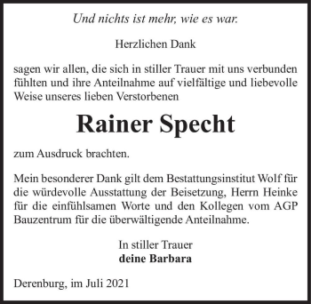 Traueranzeige von Rainer Specht  von Magdeburger Volksstimme