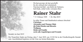 Traueranzeige von Rainer Stahr  von Magdeburger Volksstimme