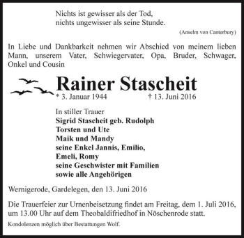 Traueranzeige von Rainer Stascheit  von Magdeburger Volksstimme