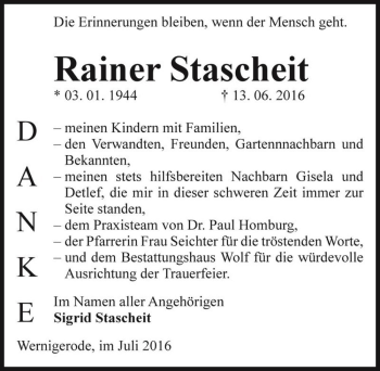 Traueranzeige von Rainer Stascheit  von Magdeburger Volksstimme