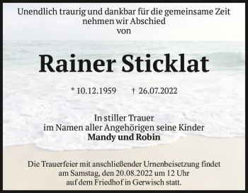 Traueranzeige von Rainer Sticklat  von Magdeburger Volksstimme