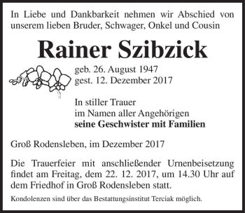 Traueranzeige von Rainer Szibzick  von Magdeburger Volksstimme