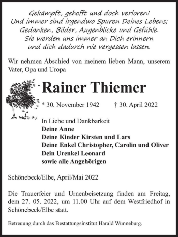 Traueranzeige von Rainer Thiemer  von Magdeburger Volksstimme