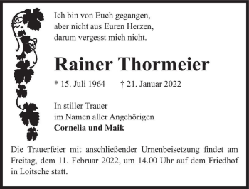 Traueranzeige von Rainer Thormeier  von Magdeburger Volksstimme