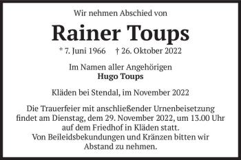 Traueranzeige von Rainer Toups  von Magdeburger Volksstimme