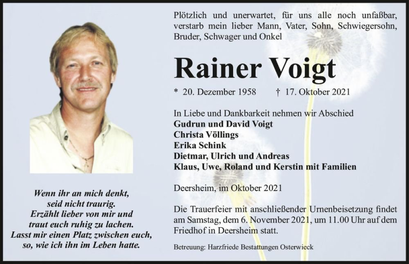 Traueranzeige für Rainer Voigt  vom 30.10.2021 aus Magdeburger Volksstimme