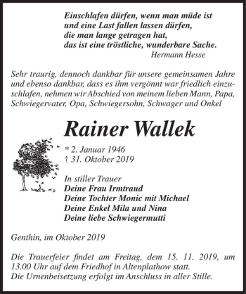 Traueranzeige von Rainer Wallek  von Magdeburger Volksstimme
