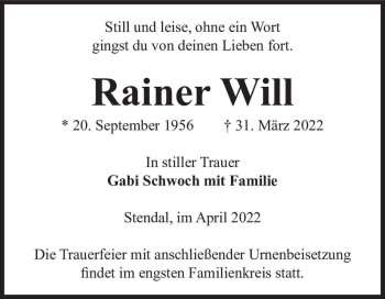 Traueranzeige von Rainer Will  von Magdeburger Volksstimme