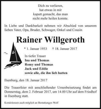 Traueranzeige von Rainer Willgeroth  von Magdeburger Volksstimme