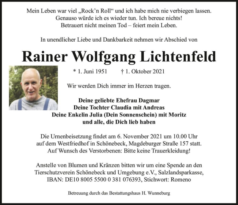  Traueranzeige für Rainer Wolfgang Lichtenfeld  vom 30.10.2021 aus Magdeburger Volksstimme