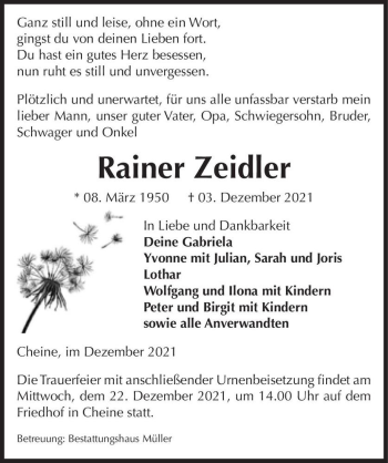 Traueranzeige von Rainer Zeidler  von Magdeburger Volksstimme