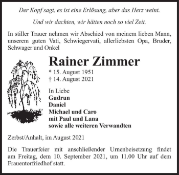 Traueranzeige von Rainer Zimmer  von Magdeburger Volksstimme