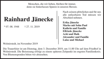 Traueranzeige von Rainhard Jänecke  von Magdeburger Volksstimme