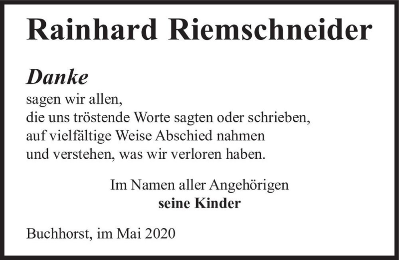  Traueranzeige für Rainhard Riemschneider  vom 30.05.2020 aus Magdeburger Volksstimme