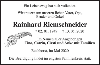 Traueranzeige von Rainhard Riemschneider  von Magdeburger Volksstimme