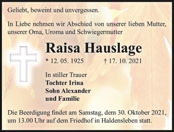 Traueranzeige von Raisa Hauslage  von Magdeburger Volksstimme