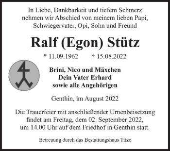 Traueranzeige von Ralf (Egon) Stütz  von Magdeburger Volksstimme