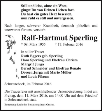 Traueranzeige von Ralf-Hartmut Sperling  von Magdeburger Volksstimme
