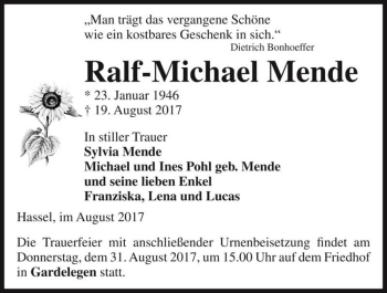 Traueranzeige von Ralf-Michael Mende  von Magdeburger Volksstimme