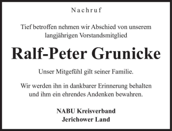 Traueranzeige von Ralf-Peter Grunicke  von Magdeburger Volksstimme