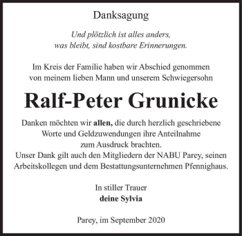 Traueranzeige von Ralf-Peter Grunicke  von Magdeburger Volksstimme