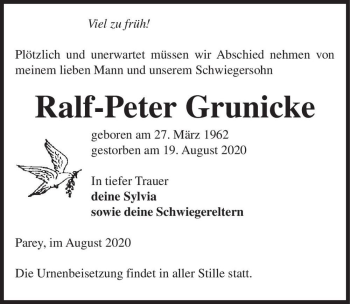 Traueranzeige von Ralf-Peter Grunicke  von Magdeburger Volksstimme