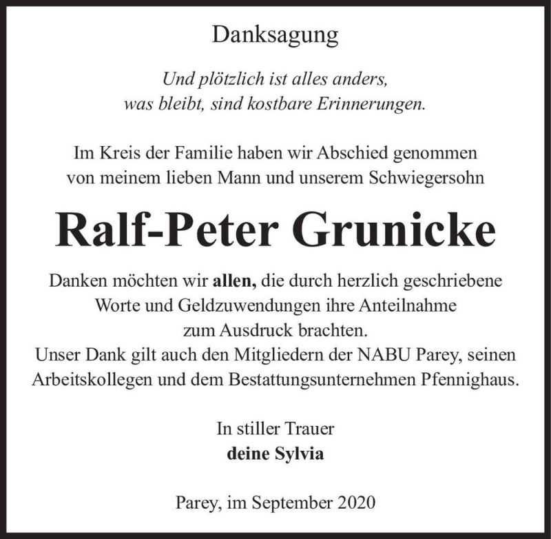  Traueranzeige für Ralf-Peter Grunicke  vom 12.09.2020 aus Magdeburger Volksstimme