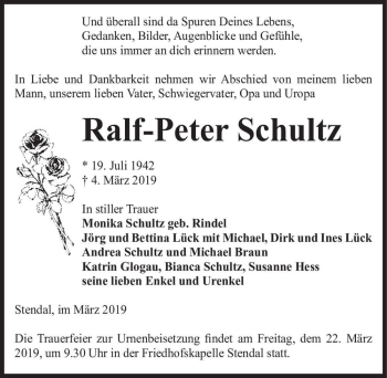 Traueranzeige von Ralf-Peter Schultz  von Magdeburger Volksstimme