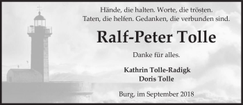 Traueranzeige von Ralf-Peter Tolle  von Magdeburger Volksstimme