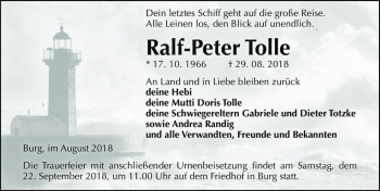 Traueranzeige von Ralf-Peter Tolle  von Magdeburger Volksstimme