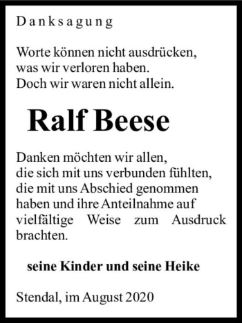 Traueranzeige von Ralf Beese  von Magdeburger Volksstimme