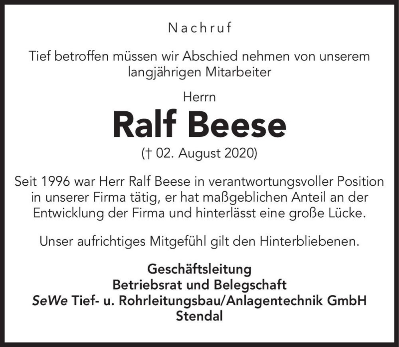  Traueranzeige für Ralf Beese  vom 19.08.2020 aus Magdeburger Volksstimme