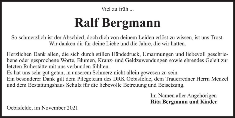  Traueranzeige für Ralf Bergmann  vom 20.11.2021 aus Magdeburger Volksstimme