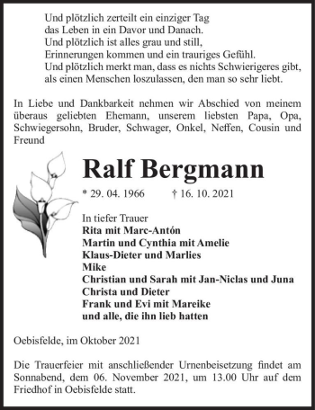 Traueranzeige von Ralf Bergmann  von Magdeburger Volksstimme