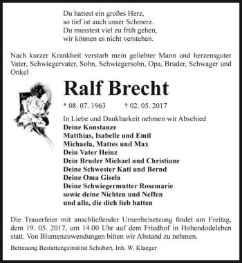Traueranzeige von Ralf Brecht  von Magdeburger Volksstimme