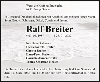 Traueranzeige von Ralf Breiter  von Magdeburger Volksstimme