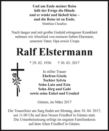 Traueranzeige von Ralf Elstermann  von Magdeburger Volksstimme