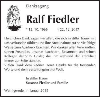 Traueranzeige von Ralf Fiedler  von Magdeburger Volksstimme