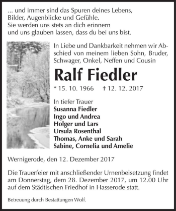 Traueranzeige von Ralf Fiedler  von Magdeburger Volksstimme