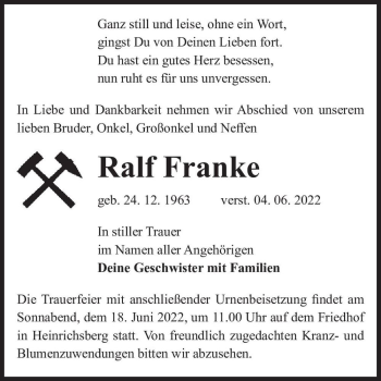 Traueranzeige von Ralf Franke  von Magdeburger Volksstimme