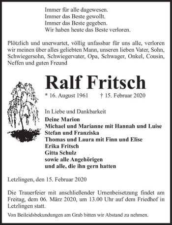 Traueranzeige von Ralf Fritsch  von Magdeburger Volksstimme