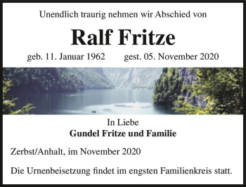 Traueranzeige von Ralf Fritze  von Magdeburger Volksstimme