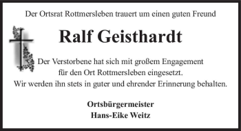 Traueranzeige von Ralf Geisthardt  von Magdeburger Volksstimme