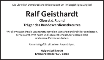 Traueranzeige von Ralf Geisthardt  von Magdeburger Volksstimme