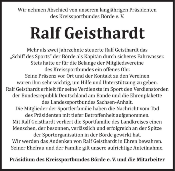 Traueranzeige von Ralf Geisthardt  von Magdeburger Volksstimme