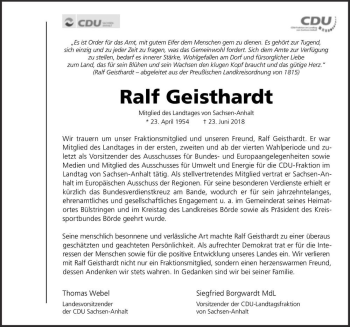 Traueranzeige von Ralf Geisthardt  von Magdeburger Volksstimme