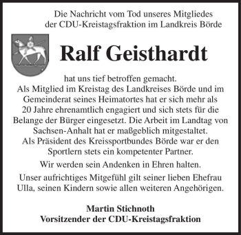 Traueranzeige von Ralf Geisthardt  von Magdeburger Volksstimme