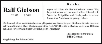 Traueranzeige von Ralf Giebson  von Magdeburger Volksstimme